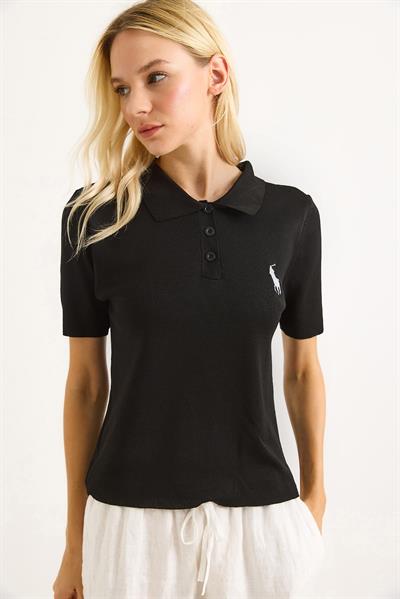 Nakışlı Polo Yaka Düğme Detaylı Triko Tshirt	Siyah