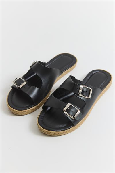 Çift Tokalı Yumuşak Taban Kadın Terlik Siyah