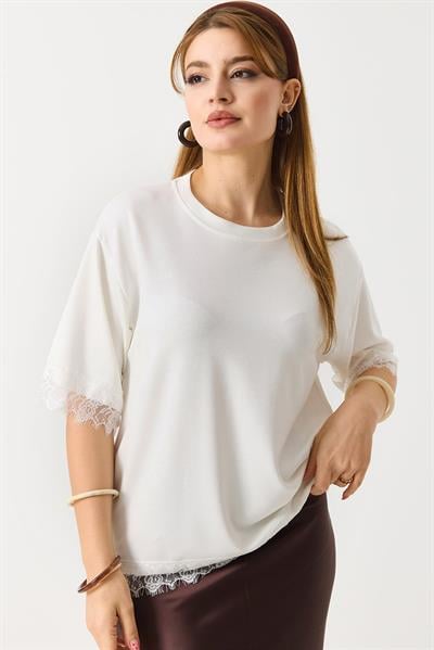 Kadın Kolları Ve Eteği Dantel Detaylı  Düz Modal Tshirt Beyaz