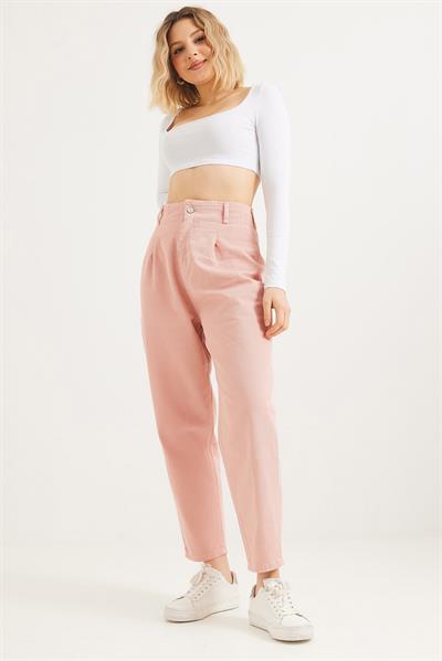 Yüksek Bel Bol Kesim Pantolon Pembe