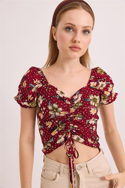 Desenli Prenses Kol Önden Büzgülü Bluz Bordo