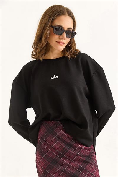 Kadın Modal Kumaş Yazı Baskılı Siyah Sweat