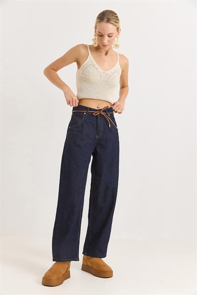 Kadın Deri Kemerli Bol Paça Kot Pantalon  Lacivert