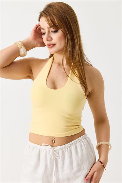 Kadın Boyundan Askılı Crop Bluz Sarı