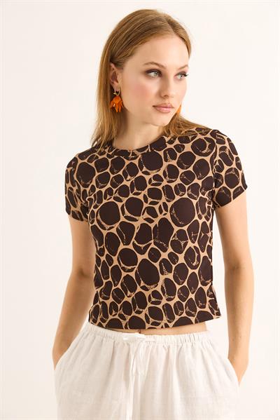 Geometrik Desen Kısa Kollu Bluz Toprak