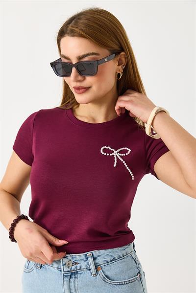 Kadın İnci Fiyonklu Bisiklet Yaka Crop Bluz Bordo