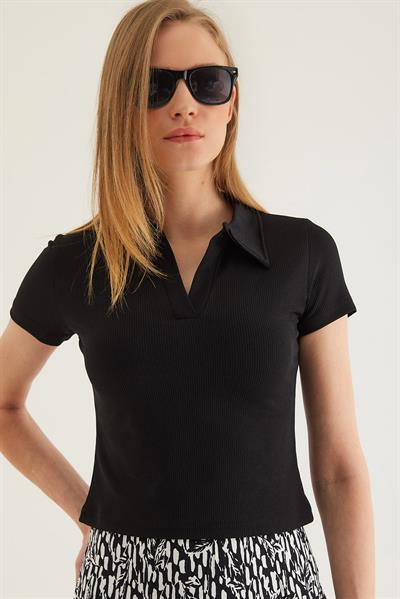 Polo Yaka Kadın Kısa Kol Bluz Siyah