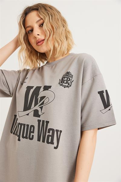 Bisiklet Yaka Baskılı Tshirt Gri