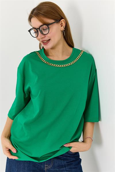 Kadın Yakası Gold Zincirli Bisiklet Yaka Tshirt Yeşil