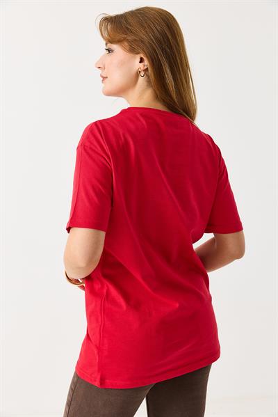 Kadın Baskılı Bisiklet Yaka Kısa Kol Tshirt Kırmızı