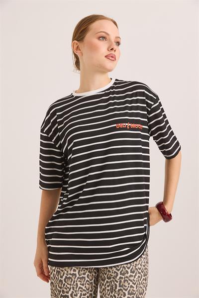 Karikatür Up Baskılı Çizgili Salaş Tshirt Siyah