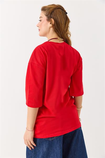 Kadın Baskılı Bisiklet Yaka Kısa Kol Tshirt Kırmızı