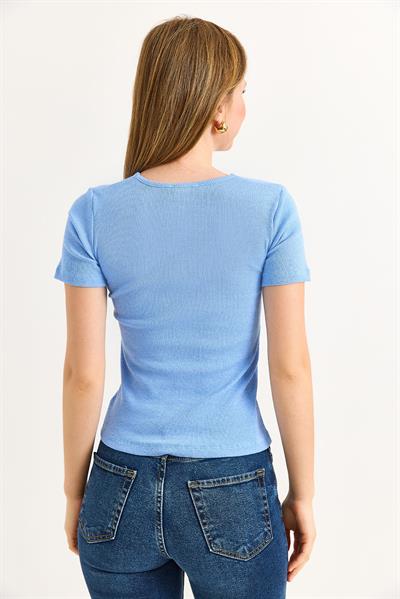 Yaka V detay Kısa Kol Kaşkorse  Mavi