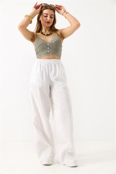 Kadın Bol Kesim Tensel Kumaş Beli Lastikli Beyaz