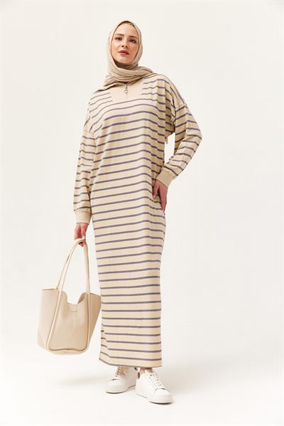 Yarım Fermuar Çizgili Uzun Elbise Gri