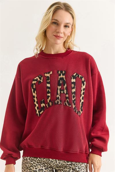 Kadın Üç İplik Leopar Baskılı Sweatshirt Bordo 
