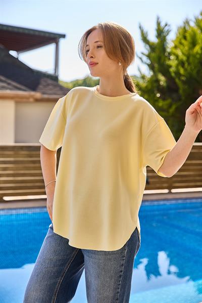 Oysh Yumuşak Dokulu Eteği Oval Modal Tshirt Sarı