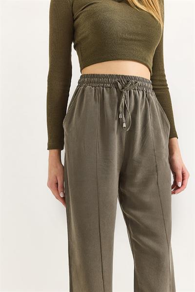 Kadın Beli Lastikli Çımalı TenseL Füme Pantolon Haki