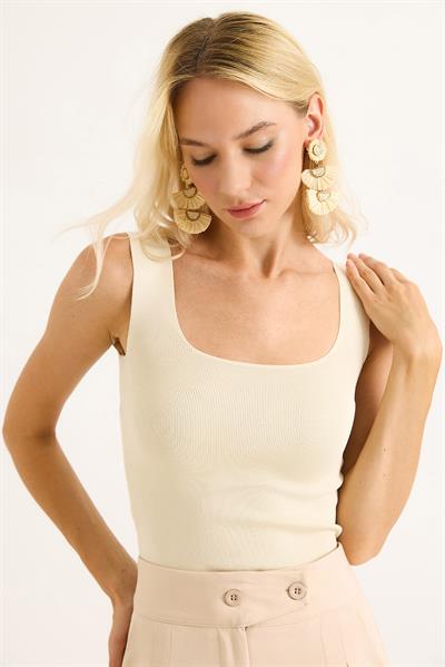  Kare Yaka Crop Triko Bluz Bej