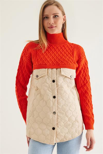 Kapitoneli Baklava Örgülü Triko  Turuncu