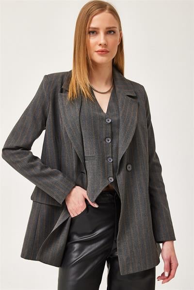 Regular Fit Blazer Yelek Crop Düz Düğmeli Füme