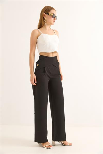 Beli Çapraz Model Geniş Paça Pantolon Siyah