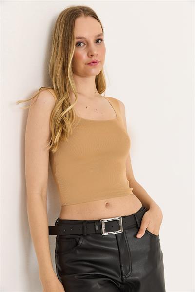  Kare Yaka Crop Triko Bluz Bej