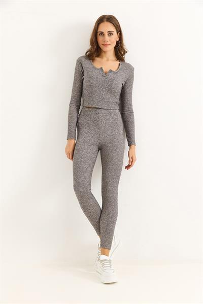 Kadın Esnek Tayt Crop Takım Gri