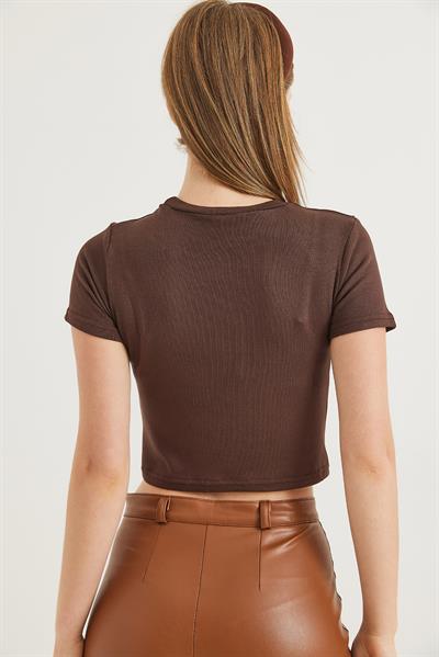 Bisiklet Yaka Esnek Crop Bluz Kahverengi