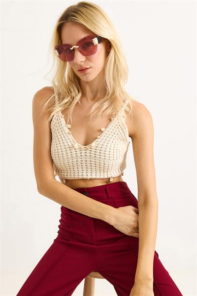 Boncuk Detaylı Örgü  Şık Crop Top Ekru