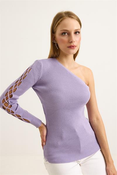 Tek Omuz Kolu Detaylı Fitilli Bluz Lila