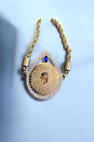 Tuğralı Mavi Taşlı Altın Kaplama Bileklik Gold
