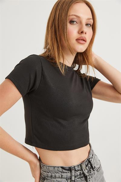 Bisiklet Yaka Esnek Crop Bluz Siyah