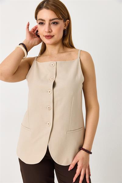 Kadın İp Askılı Düğmeli Kolsun Yelek Bej