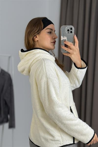 Kadın Kapüşonlu Şerit Detaylı Welsoft Ekru Sweatshirt