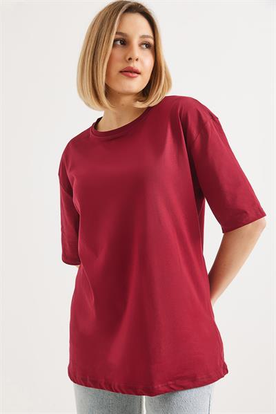 Oversize Bisiklet Yaka Basic Tshirt Bordo