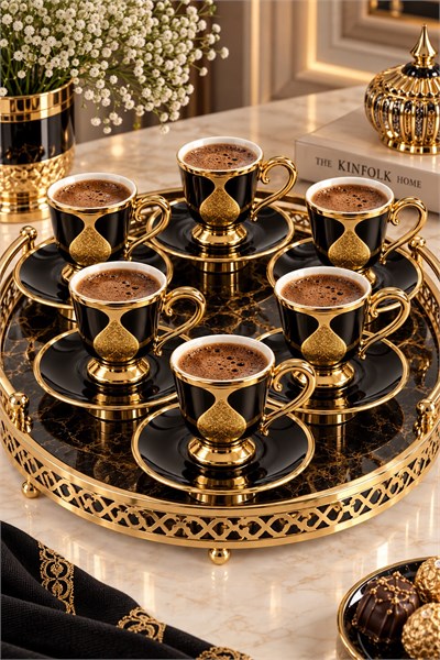 6lı Gold Damla Desenli Fincan Takımı Siyah