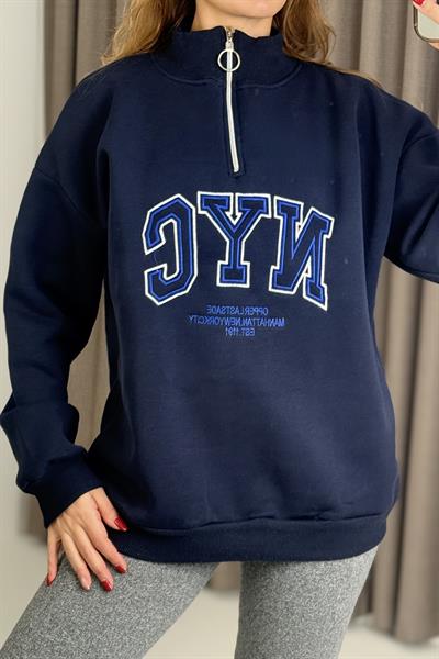 Nyc Nakışlı Fermuar Detaylı Dik Yaka Oversize Sweatshirt Lacivert