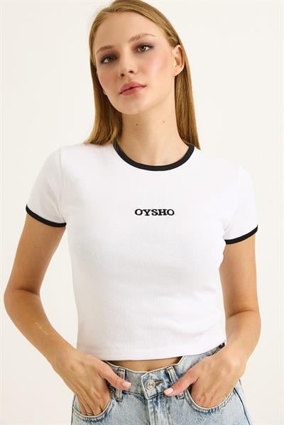 Bisiklet Yaka Nakışlı Crop Tshirt Beyaz
