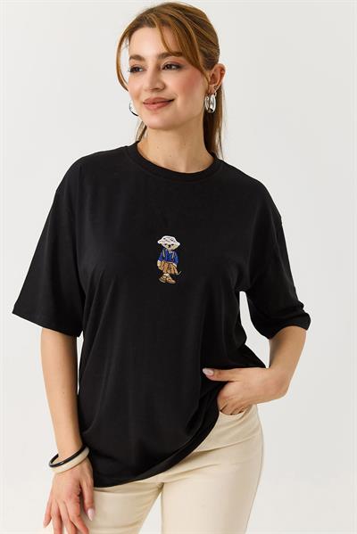 Kadın Ayıcık Figürlü Bisiklet Yaka Oversize Tshirt Siyah
