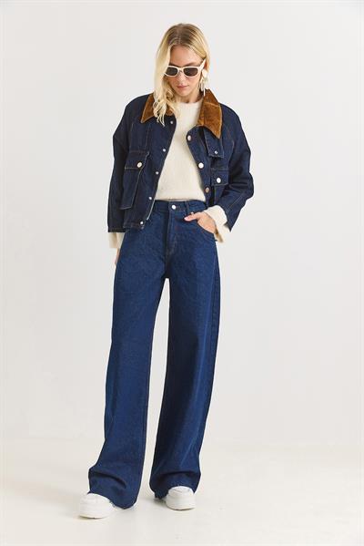 Kadın Bol Kesik Paça Şık Kot Pantalon  Lacivert