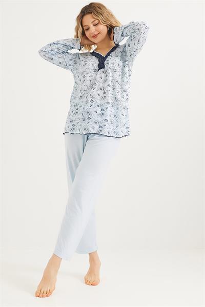 Yakası Dantelli Uzun Kollu Pijama Takımı Mavi