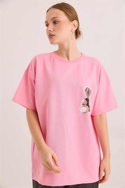 Ön Ve Arka Baskılı İki İp Oversize Örme Tshirt Pembe