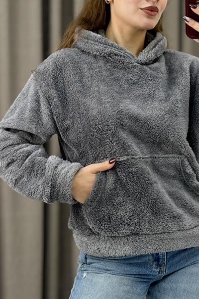 Kadın Kapüşonlu Welsoft Uzun Kollu Sweat Gri