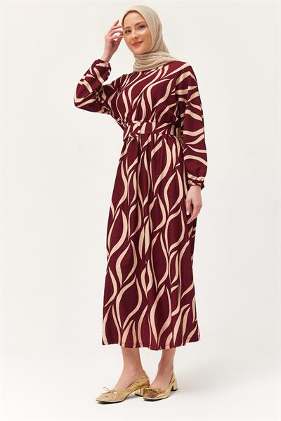 Kemerli Yarasa Kol Kemerli Elbise	Bordo