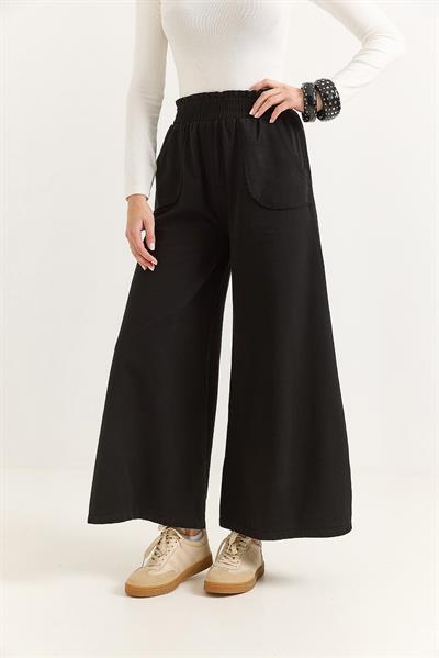 Kadın Pantalon Geniş Paça Cepleri Dikiş Detaylı  Pantalon Siyah