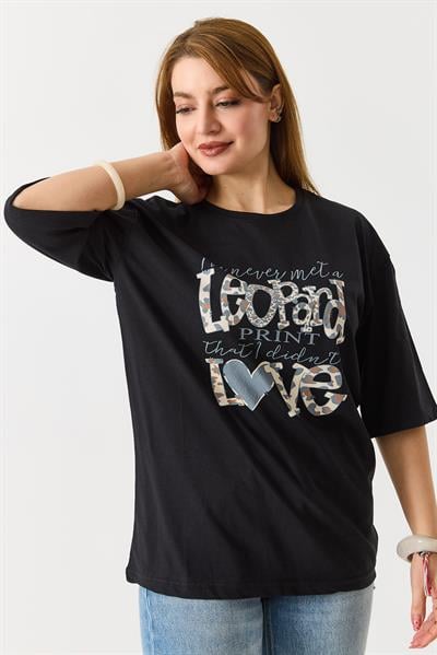 Kadın  Bisiklet Yaka Rahat Kesim Kısa Kol Tshirt Siyah