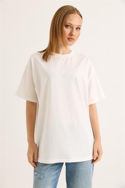 Alo Nakışlı Oversize Unisex Tshirt Beyaz