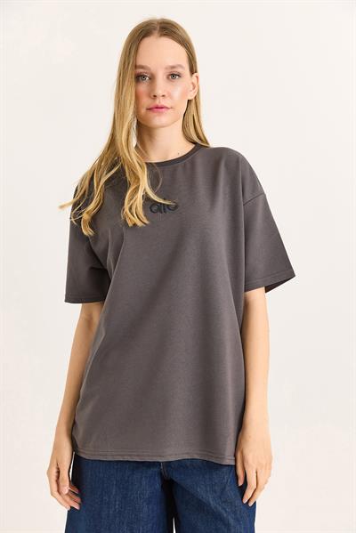 Alo Nakışlı Oversize Unisex Tshirt Füme