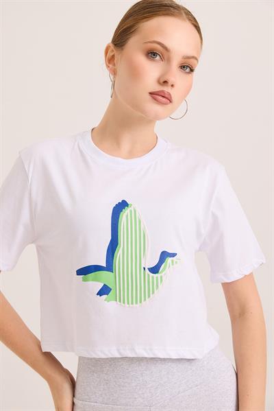 Karikatür Kuş Baskılı Pamuk Örme Crop Tshirt Beyaz
